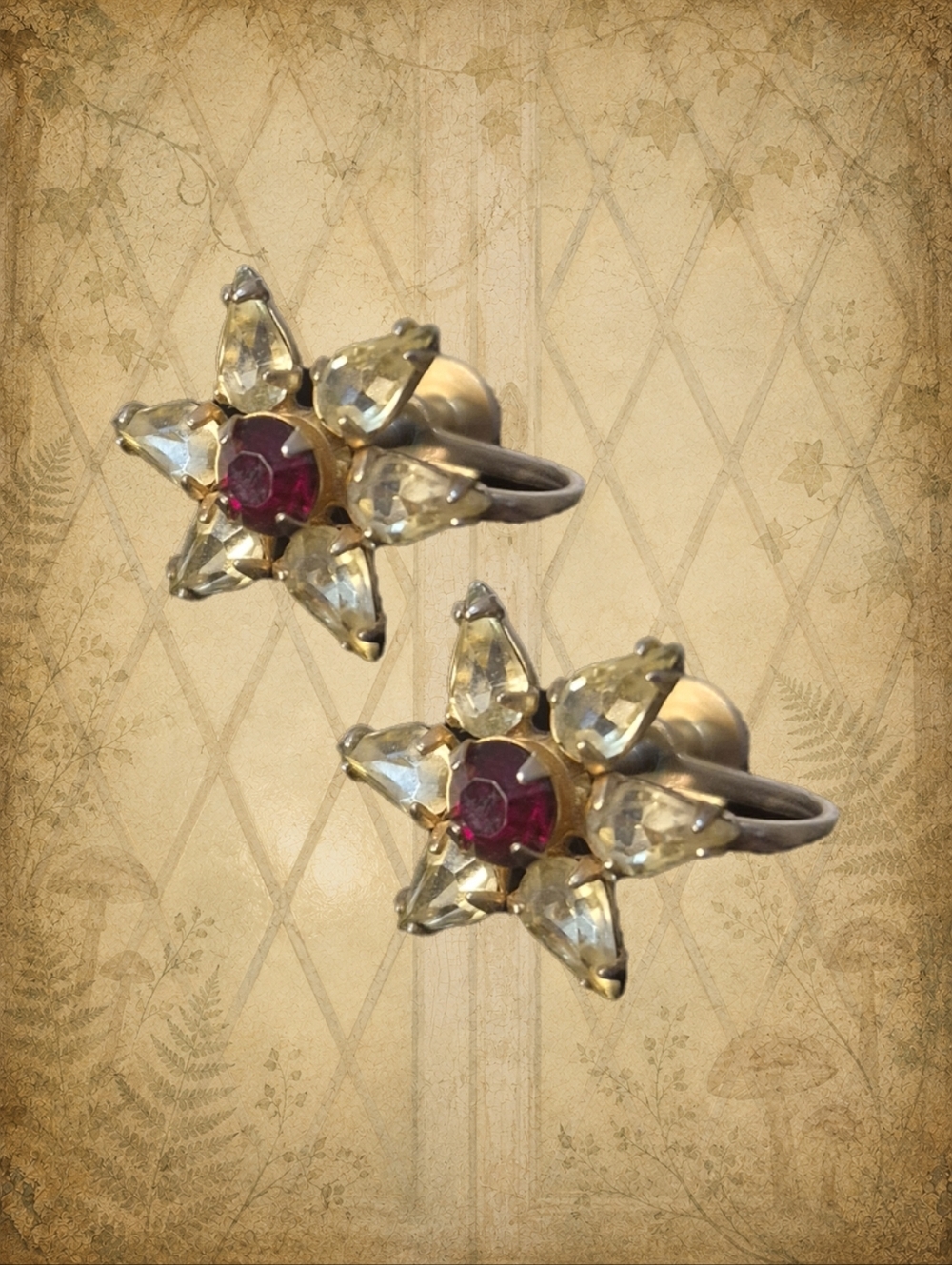 Beyond Midnight 🦉🧚‍♀️ Vintage Clear & Red Rhinestone Gold Screw Back Earrings